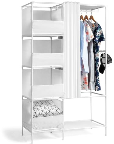 LEADZM Kleiderschrank offen, Kleiderständer freistehende Garderobe | mit Kleiderstangen, Stoffablagen, 105 x 45 x 170 cm Weiß