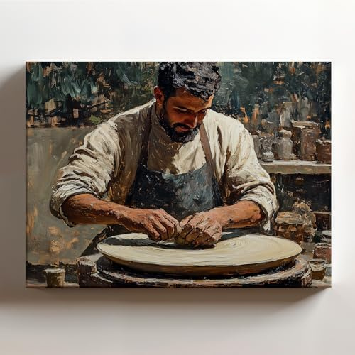 (20 x 16 x 1.25 IN) Gallery Wrapped Canvas Wall Art Print of Impressionism and Post-Impressionism Pottery Art featuring a potter shaping clay on a wheel - Post-War Era - 100% Cotton - 925UNCAh478003WH