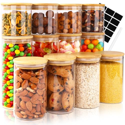 Ezvsevuo Bocaux en Verre Hermétique - Lot de 12 Bocal en Verre avec Couvercle en Bambou - 4x800ml & 4x550ml & 4x300ml - Pot en Verre avec Étiquettes - Boite Rangement pour Céréales, Haricots, Épices
