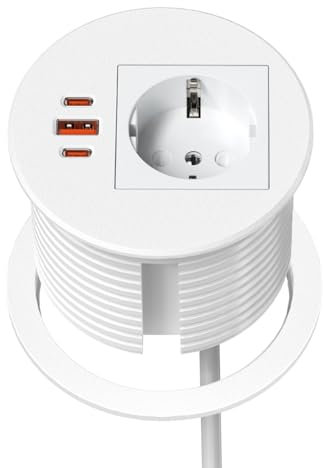 Presa da incasso con USB C 35 W, presa da tavolo a scomparsa, rotonda, 1 Schuko, 1 USB-A, 2 connettori USB-C, ciabatta da incasso da scrivania per 80 mm, per piano di lavoro, cucina, cavo da 1,8 m