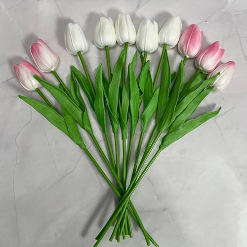 10PCS Artificial TulipS Tulips Tulips Artificial Flowers Faux Tulip - 32CM Silk Flower Bouquet for Home Wedding Decor (5Pcs White & 5Pcs Pale Pink, Grid Canvas Texture)