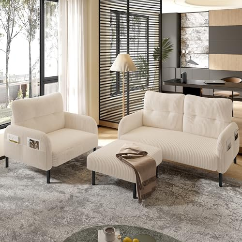 A ALFRESCOOL Cord 3er-Set, Sessel + Hocker + 2-Sitzer Sofa mit Seitentasche Stahlrohrgestell & Extraweiche Rückenlehne Tiefe Sitzfläche für Ergonomisch, Modular Kombinierbar für Wohnzimmer, Beige