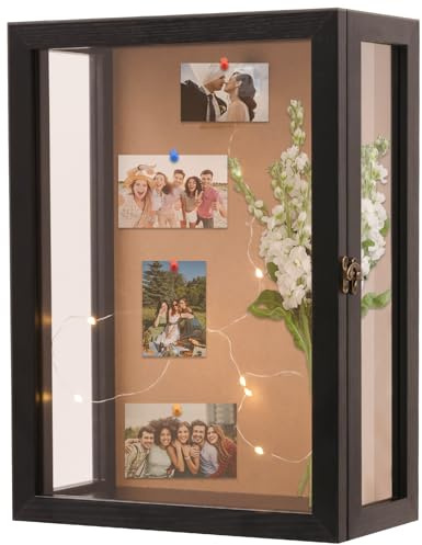 28 x 38 cm tiefer Schattenkastenrahmen, Wandmontage, Tiefe 12,5 cm, Vitrine, dreiseitige, transparente Acryl-Sichtplatten, inklusive einer warmen LED-Lichtleiste, Schwarz