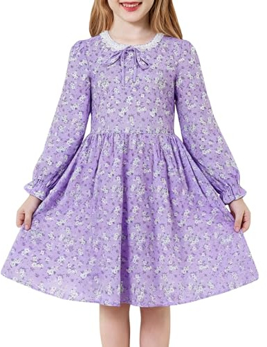 JiAmy Blomklänning flicka långärmad A-linje rund urringning med spets prinsessklänning festklänningar med fickor 4–10 år, lila, 9-10 år