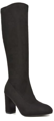 ESSEX GLAM Women's Stretch Knee High Boots Ladies Block Heel Elasticated Calf Black Faux Suede Long Shoes Size 4