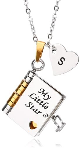 Mikovivi Collana con Ciondolo a Forma di Libro My Little Star, Personalizzata Iniziali AZ Incisibile Apribile con 7 Pagine Regalo Regolabile per il Collo da Mamma e Papà (stile S)