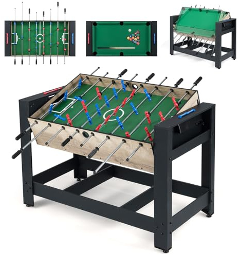 GOPLUS 2 en 1 Table Baby-Foot & Billard, 2 Balles&Queues de Billard,Brosse, 2 Craies, Table Multijeux Double Face Flip Gain de Place pour Soirée en Famille, Adults, Enfants 6 Ans+ 122x81,5x61,5CM
