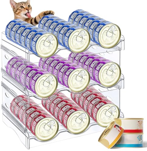 Cat Food Organizer, Transparent Cat Food Can Organizer for Pantry Can Storage Organiser Container Holds 30 (3oz) Cans Canned Goods Organiser for Countertop Kitchen Cabinet Refrigerator (3-Tier)