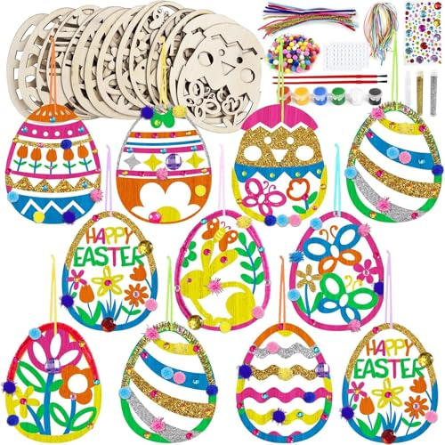 ZADEICK Ostern Basteln Kinder, 128 Stück Bastelsets Holzanhänger Basteln, DIY Holz Ostereier Zum Bemalen Ostern Basteln Hasen Blume Holz Anhänger