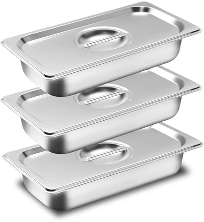 QinyOulhause Set med 3 brödskålar GN 1/3 i rostfritt stål med lock rektangulära behållare för köttkotletter fisk och matlagningsberedningar 32,5 x 17,5 x 6,5 cm