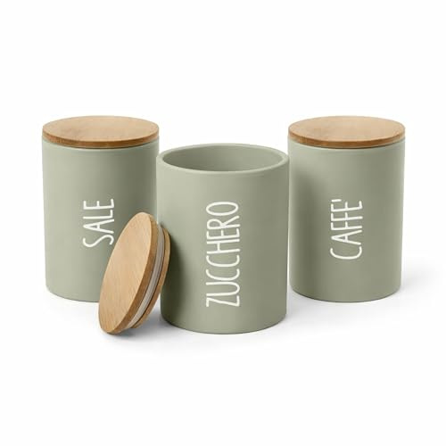 MECSAL CASALINGHI Set 3 Barattoli Cucina in Ceramica con Coperchio Bambù 10x13 cm – Contenitori Sale Zucchero Caffè – Porta Alimenti Dispensa Design Moderno – 4 Colori (Verde)