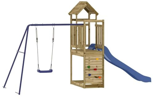 Spielturm aus imprägniertem Kiefernholz mit Schaukel, Rutsche, Sandkasten und Klettergerüst für Kinder, stabiles Outdoor Stelzenhaus für Garten, wetterfestes Spielgerät für Kleinkindspaß