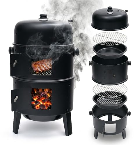 Relaxdays Smoker 3in1 Affumicatore/Griglia/Cottura, nero | HxLxP: 79 x 47,5 x 42 cm, acciaio, termometro incorporato
