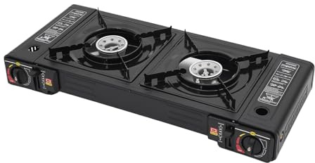 Propangasspis 2 Brännare Camping Gasspis Utomhus Kök 63x26x12 cm | 2 500 W per spis, piezo-tändning, separat regulator, övertrycksskydd, butan/LPG, bärväska