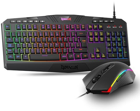 Redragon S101 Wired Gaming Keyboard and Mouse Set, UK Layout, RGB Backlight, Mechanical Feeling Ergonomic Keyboard and Mouse, 4200 DPI, 7 Programmable Buttons, Gaming or Working for PC/Mac