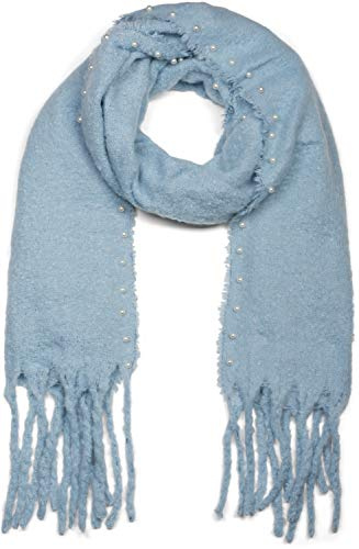 styleBREAKER Damen unifarbener Web Schal mit Perlen und langen dicken Fransen, Winter, Stola 01017123, Farbe:Hellblau