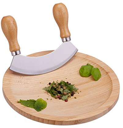 Relaxdays Wiegemesser mit Brett, einschneidige Klinge für Kräuter, mit Mulde, Edelstahl & Bambus, HxD: 2 x 20 cm, natur, Silber