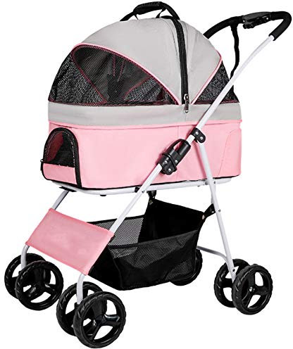 PJDDP Hundewagen Hundebuggy Hunde 4 Räder Pet Roadster Haustier Buggy Katzenbuggy Bis 20 Kg Mit Klappfunktion Und Praktischer Einkaufstasche, Pet Jogger, Tiere Wagen, Buggy Stroller,Rosa
