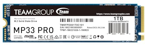 TEAMGROUP MP33 PRO 1TB M.2 PCIe 2280 NVMe 1.3 interne SSD, bis zu 2100 MB/s Gen3x4 Solid State Drive, Terabyte Written TBW>600TB TM8FPD001T0C101