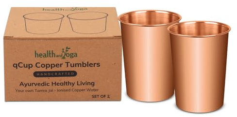 HealthAndYoga™ qCup Pure Copper Tumblers for Drinking - Ayurvedic Health Pure Copper Cups – 2 pcs. set - 250 ml.(8 fl oz) (Plain)