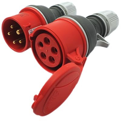 RoadEu Premium | Conector Industrial CEE P17 | Set Clavija + Base 5 Polos 16A 400V IP44 | Fabricación Europea Antideslizante | Uso Taller, Obra y Extensión Eléctrica