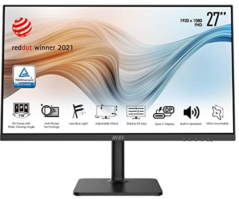 msi Modern MD271P Monitor 27 FHD IPS (1920x1080), 5ms, 75Hz, stand regolabile in 4 direzioni, Eye-Care, montaggio VESA, porte USB Type-C e HDMI, Nero