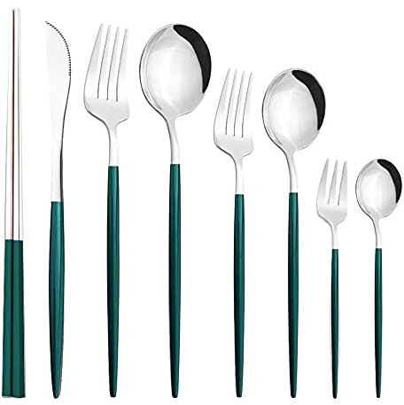 Couverts de table, ensemble de couverts 8 pièces de couverts en acier inoxydable, vaisselle comprenant un couteau/fourchette/cuillère/baguettes, poli miroir-vert et argent