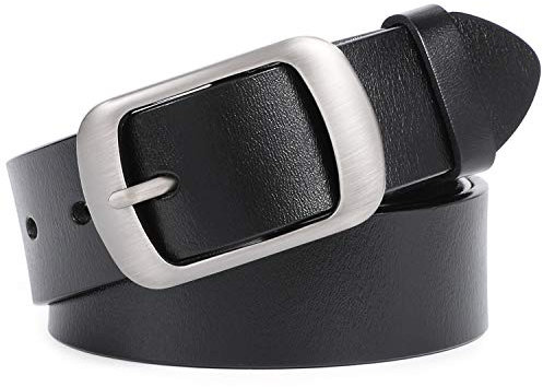 JasGood Damen Ledergürtel für Jeans Hosen Mode Kleid Gürtel für Damen mit Dornschließe, Schwarz, 120cm(Für Taillengröße 91-105cm)