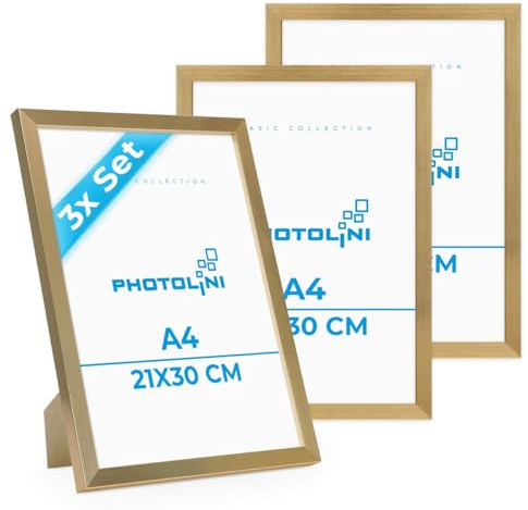 PHOTOLINI Bilderrahmen A4 Holz MDF Gold, 3er Set DIN A4 Bilderrahmen 21x30 gold, Rahmen 21x30 mit Acrylglas, picture frame zum Aufhängen & Aufstellen, Rahmen 30x21 mit Zubehör für Fotos & Poster