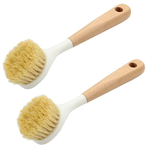 2 Pcs Wooden Plate Brush - Natural Dishwashing Scrubber, Long Handled, Eco-friendly Material, For Washing and Cleaning
