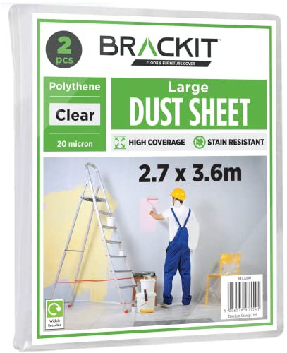 Brackit 2pc, Large Plastic Dust Sheets for Decorating - 2.7m x 3.6m (12ftx 9ft) - 20 Micron - Embossed White Plastic Sheets for Painting - Furniture & Floor Protection, Waterproof Plastic Sheets