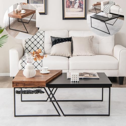 GOPLUS Mesas bajas de madera MDF, 2 en 1 mesa baja Gigogne industrial Vintage,2 mesitas bajas para salón, carga máxima: 90 kg, para dormitorio, oficina, 120 x 60 x 46 cm