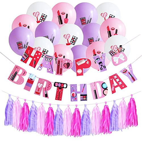 ZOOMPIL Spa Geburtstagsparty Zubehör, Make Up Geburtstagsdeko, Makeup Geburtstags Party Dekorationsset mit Makeup Happy Birthday Banner, Spa Party Luftballons ( 32 Stück)