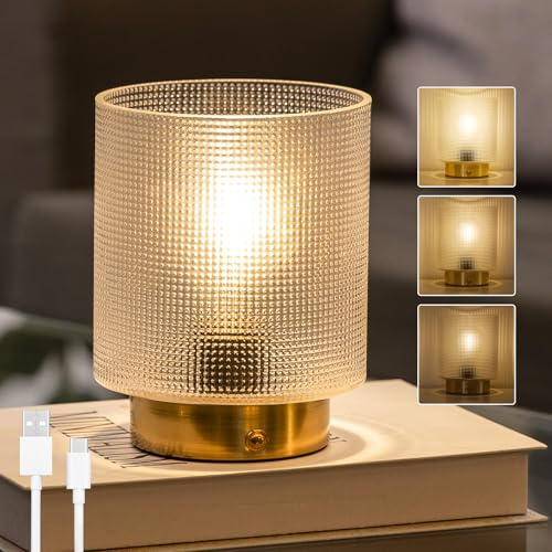 MJ PREMIER Lámpara de batería recargable, táctiles de mesita de noche, inalámbricas de vidrio, LED con brillo regulable y puerto USB portátil para sala de estar y dormitorio