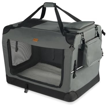 VOUNOT Hundebox faltbar, Transportbox Katze Hunde, Hundetasche, Oxford-Gewebe, Netzstoff, Atmungsaktiv, Transportabel, Metallrahmen, mit Griffen, Taschen, 50x35x36 cm S, Grau