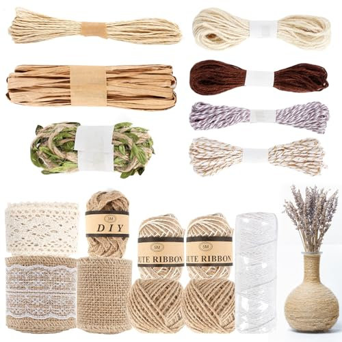 Ticeed 16PCS Ruban Toile de Jute avec Ficelle Jute, Rouleau Toile de Jute Naturelle Vintage Ruban en Jute avec Dentelle Ruban Cadeau Jute pour Bricolage Artisanat Mariage Emballage Cadeau