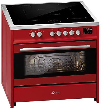GURARI Induktionsherd mit Backofen Elektro E 913 R Standherd Induktionskochfeld 90 cm | Range Coocker mit 5 Induktionszonen (2 Flex Zone) alle mit Booster | Standherd Induktion in Rot
