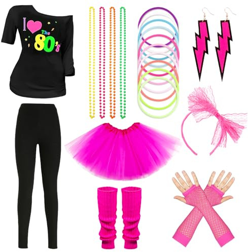 zimuXL 80er Jahre Outfit Damen Set, 20PCS 80er Jahre Kleidung Accessoires Damen Set, Neon Party Outfit, Lips Print T-Shirt Tutu Thermohose, mit 80er Jahre Ohrringe Halskette für 80er Thema Party