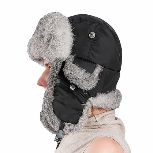 GIBZ Kunstfell Wintermütze für Damen, Flauschig Uschanka Russische Mütze, zum Outdoor, Skifahren, Radfahren, Schwarz Weiß