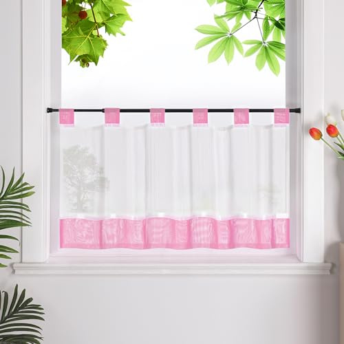 HeichkelL Scheibengardine, Leinenoptik Gardine, Rosa HxB 45x90 cm | Küchengardine mit Schlaufen, Halbtransparent Bistrogardine, Landhausstil Kurzstores
