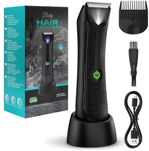 Vexloria Pubic & Body Hair Trimmer for Men, Body Groomer, Electric Groin Hair Trimmer with Ceramic Blade Head, Wet/Dry Shaver with LED Light and Charging Base(Black)