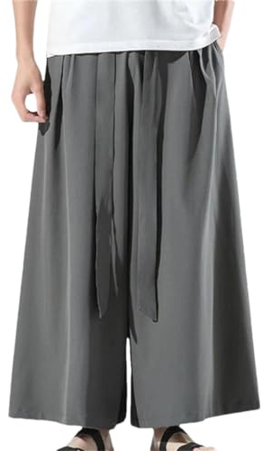 Mens Black Ice Silk Hakama Kung Fu Pants A Wide Bottom Wushu Kimono Chinese Cotton Wide Pants Gray9 5XL