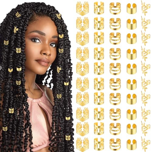 Tyqour 50 Stück Gold-Haarschmuck für Zöpfe, Loc Schmuck für Haar, Manschetten-Clips für Dreadlock-Zubehör, Haarspiralen Clips Haarschmuck für Dreadlocks für Männer Frauen Mädchen und Jungen Zöpfe