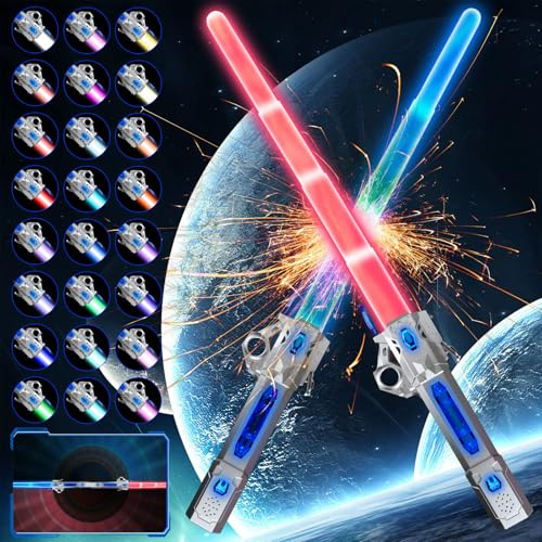 GUBOOM Sabre Laser pour Enfants, 2 Pièces Sabre Lumineux pour Enfants, Epées Laser Télescopiques, 15 Couleurs Changeantes Sabre Lightsaber Jouet avec Son pour Enfants Cosplay Party
