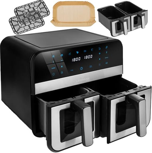 LEHMANN Heißluftfritteuse 2 Kammern mit Sichtfenster, 9L, 2400 W, AirFryer XXL mit 12 Programmen, bis 200°C, WiFi, Fritteuse ohne Öl mit Air Fry Technologie – Grillen, Backen, Gären, Dehydriere