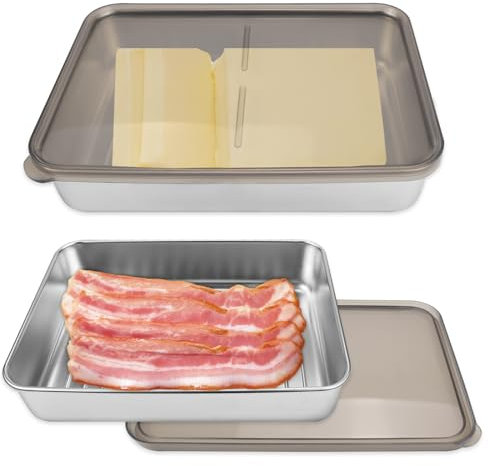 BHHTBB Aufschnittboxen für Kühlschrank Edelstahl Lebensmittel Aufbewahrungsbox mit Deckel Aufschnittdosen Stapelbar Frischhaltedosen für Wurst und käse Fleisch, Geschirrspüler Gefrierschrank (900ml)