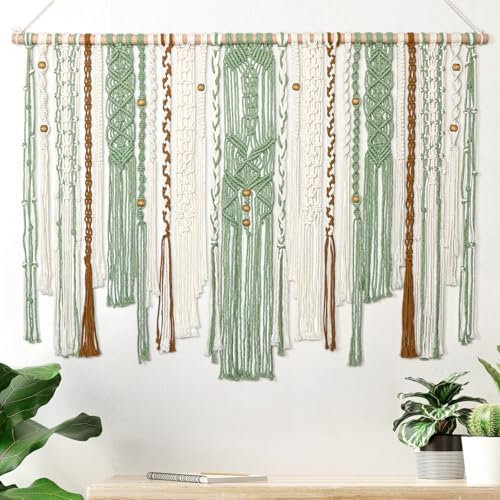 LOMOHOO Groß Makramee Wandbehang Wandteppich Boho Deko Grün, 98x75cm Aesthetic Gewebte Makramee Grün Tapisserie Handgemacht Wandbehang Boho Wanddeko Schlafzimmer Kinderzimmer Wohnzimmer Fenster Flur