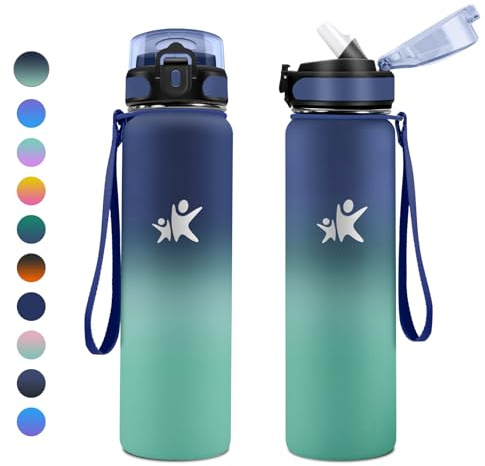 KollyKolla Thermosflasche 1L, Trinkflasche BPA-Frei, Isolierflasche mit Strohhalm, Einhandöffnung, Auslaufsicher Doppelwandig Thermoskanne, Wasserflasche für Fitness, Laufen, Büro, Kinder, Sport