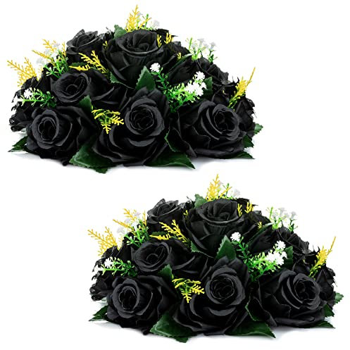 KXQYIKYI Fiori Artificiali di Rose Nere Pezzi di 2 Bouquet di Fiori Finti Fiori di Ortensia Nera Artificiali, 15 Teste di Rose finte con Base, Fiori Artificiali Neri dall'aspetto Reale (Nero)