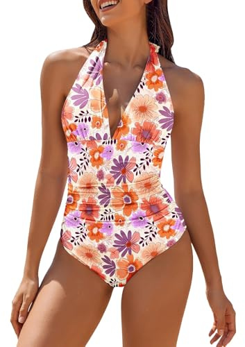 Chnnamzu Sexy Badeanzug Damen Bauchweg Neckholder - Badeanzüge für Damen mit Abnehmbar Cups - Einteilige Bademode V Ausschnitt Monokinis Push Up Blumenmuster Swimsuit Schwimmanzug